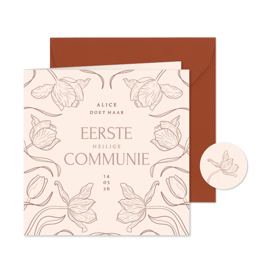 Klassieke uitnodiging communie met vintage tulpen beige - Kaartimpressie