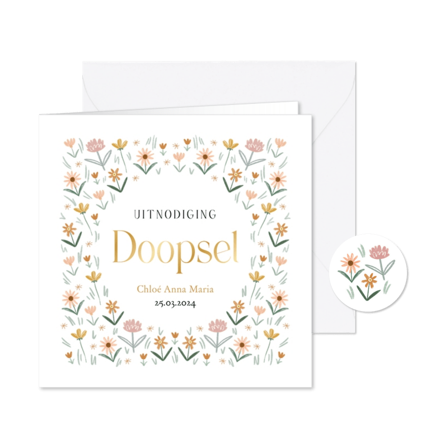 Klassieke uitnodiging doopsel kleine bloemen lente goudfolie - Kaartimpressie