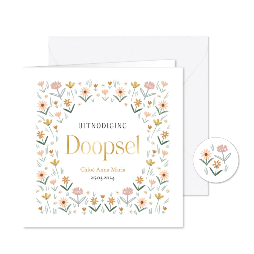 Klassieke uitnodiging doopsel kleine bloemen lente goudfolie - Kaartimpressie
