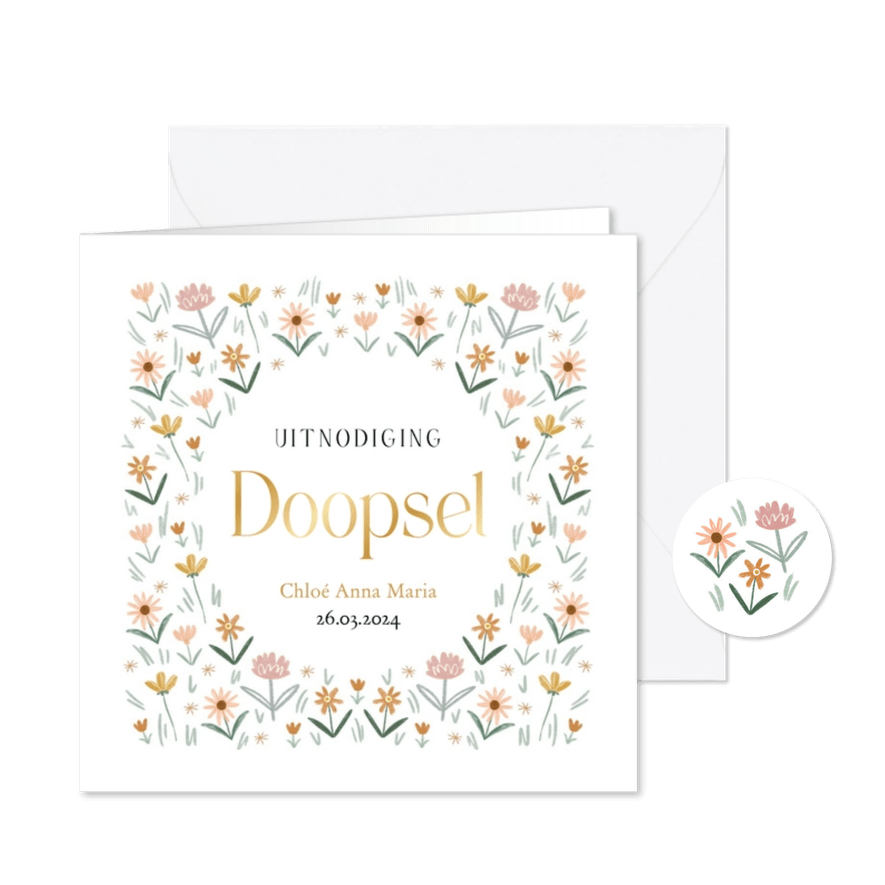 Klassieke uitnodiging doopsel kleine bloemen lente goudfolie - Kaartimpressie