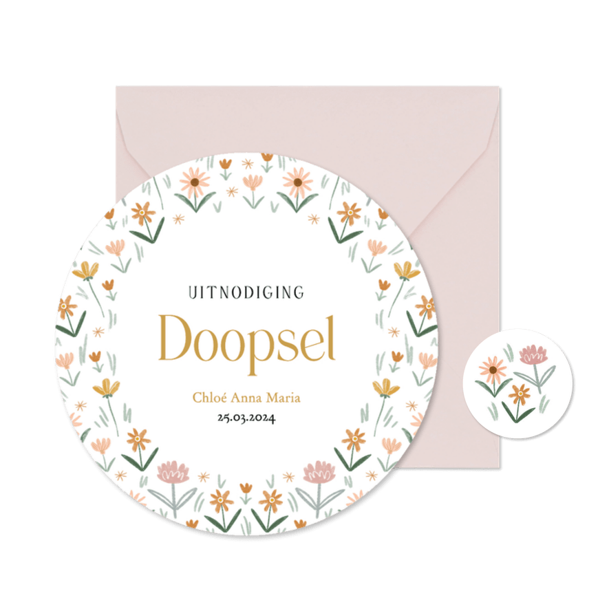 Klassieke uitnodiging doopsel kleine bloemen lente - Kaartimpressie