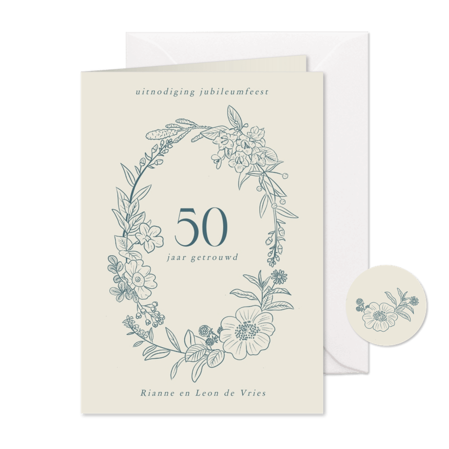 Klassieke uitnodiging jubleumfeest met bloemenkrans - Kaartimpressie