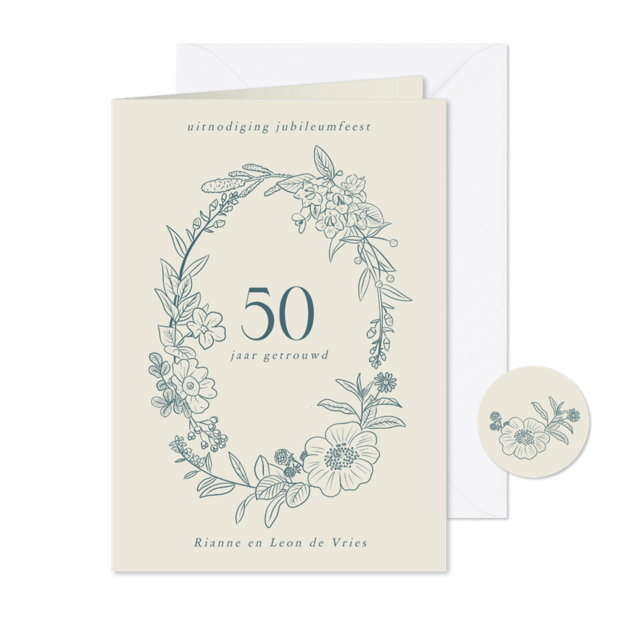 Klassieke uitnodiging jubleumfeest met bloemenkrans - Kaartimpressie