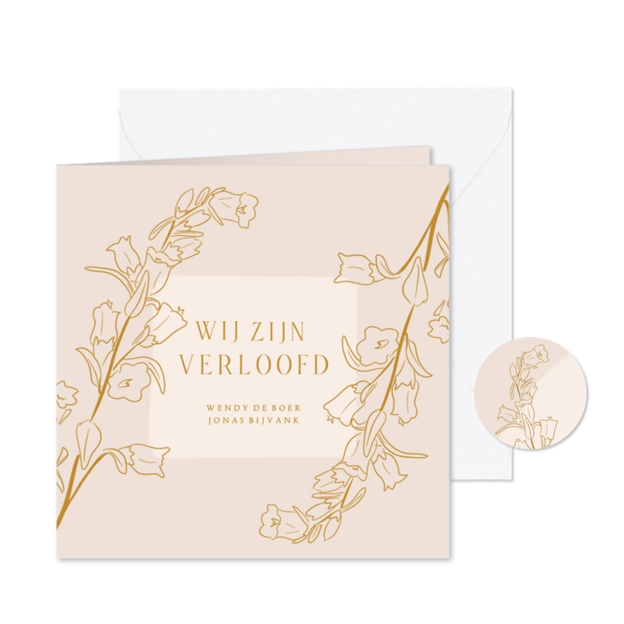 Klassieke verlovingskaart met lijnillustratie van bloemen - Kaartimpressie