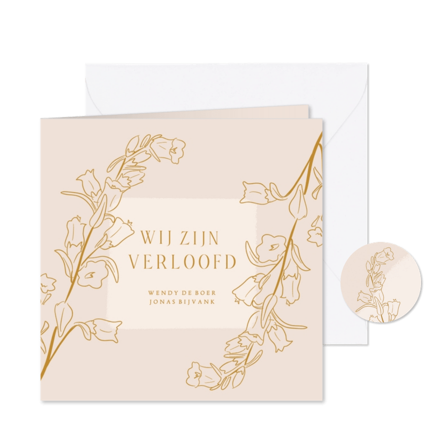 Klassieke verlovingskaart met lijnillustratie van bloemen - Kaartimpressie