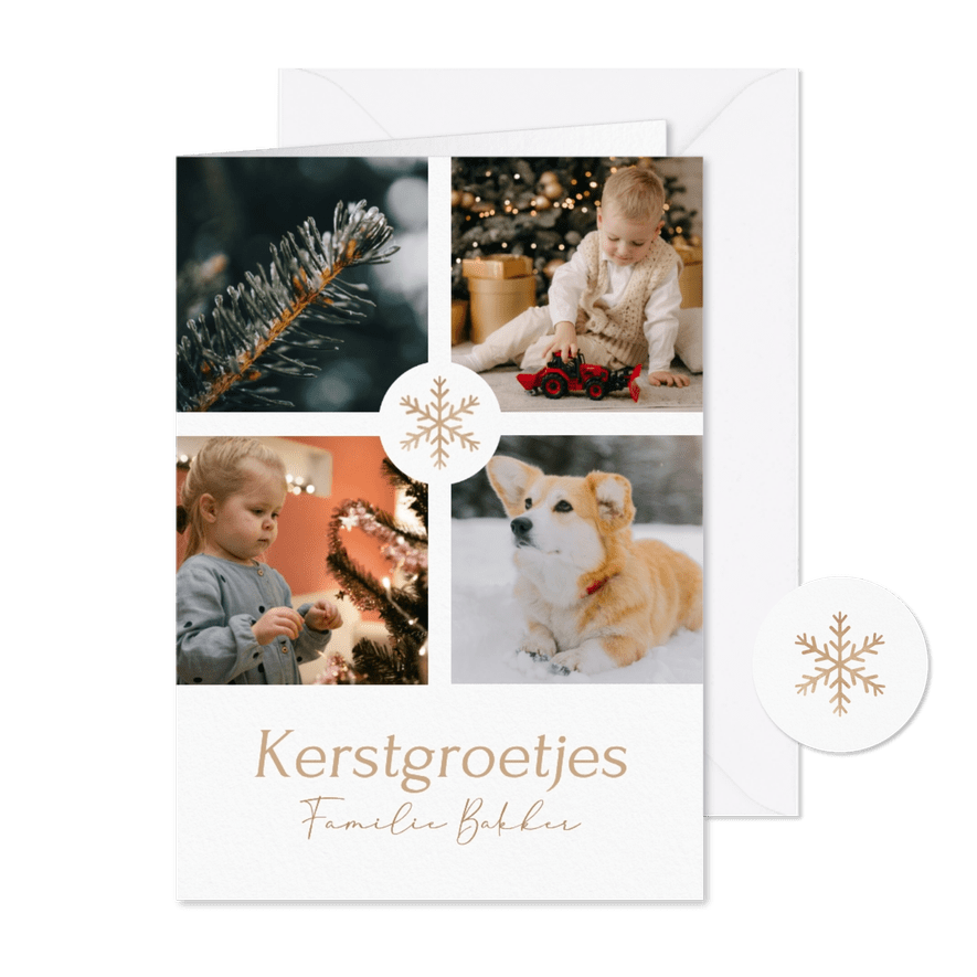 Klassieke witte kerstkaart met fotocollage en sneeuwvlok - Kaartimpressie