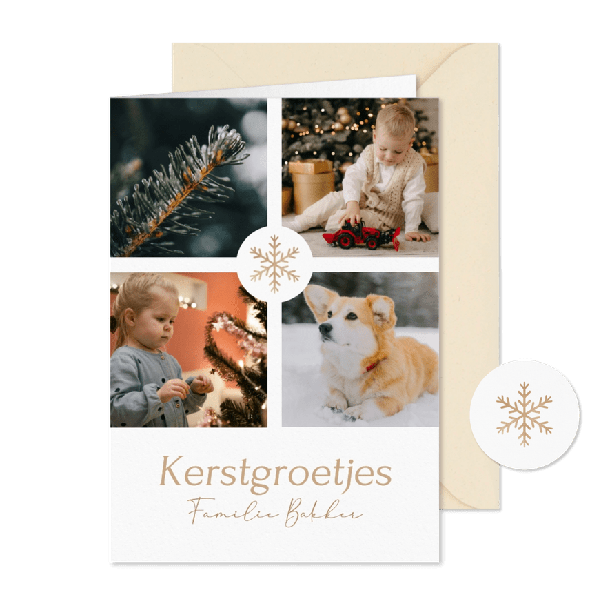 Klassieke witte kerstkaart met fotocollage en sneeuwvlok - Kaartimpressie