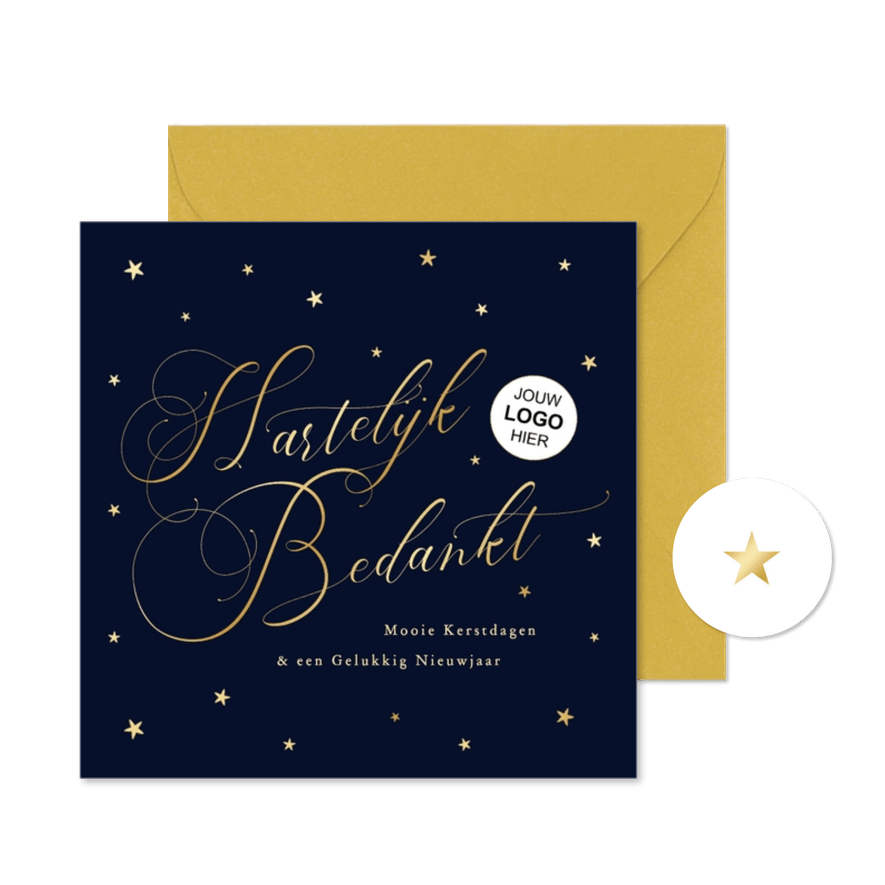 Klassieke zakelijk kerstkaart hartelijk bedankt blauw goud - Kaartimpressie