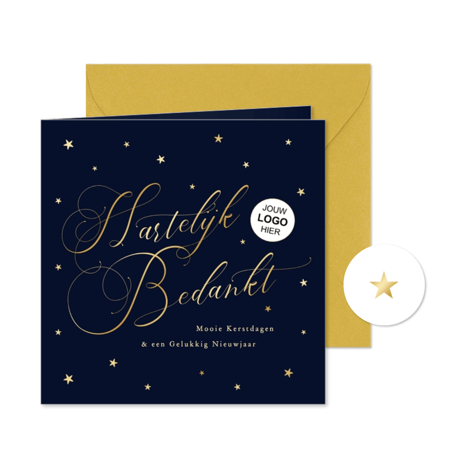 Klassieke zakelijk kerstkaart hartelijk bedankt blauw goud - Kaartimpressie