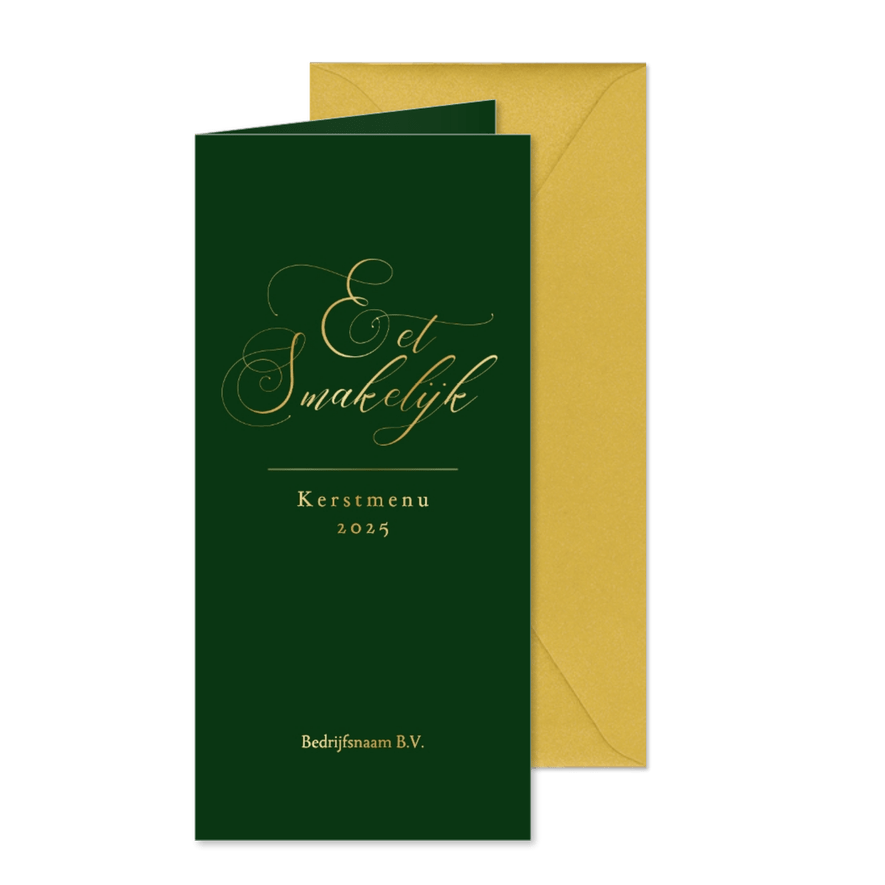 Klassieke zakelijke kerst menukaart groen met goudfolie - Kaartimpressie