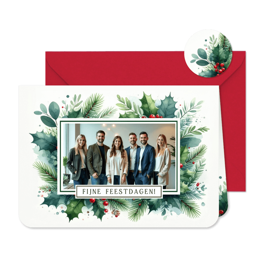 Klassieke zakelijke kerstkaart met kersttakjes en eigen foto - Kaartimpressie