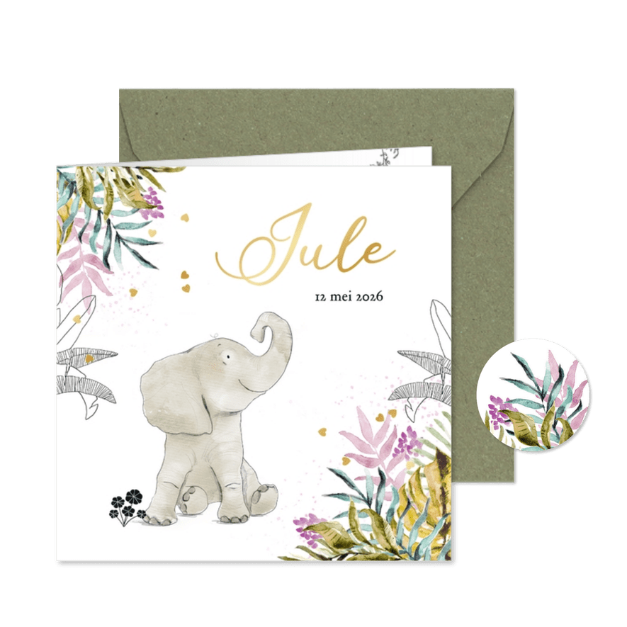 Kleurrijk geboortekaartje botanisch watercolour olifant goud - Kaartimpressie