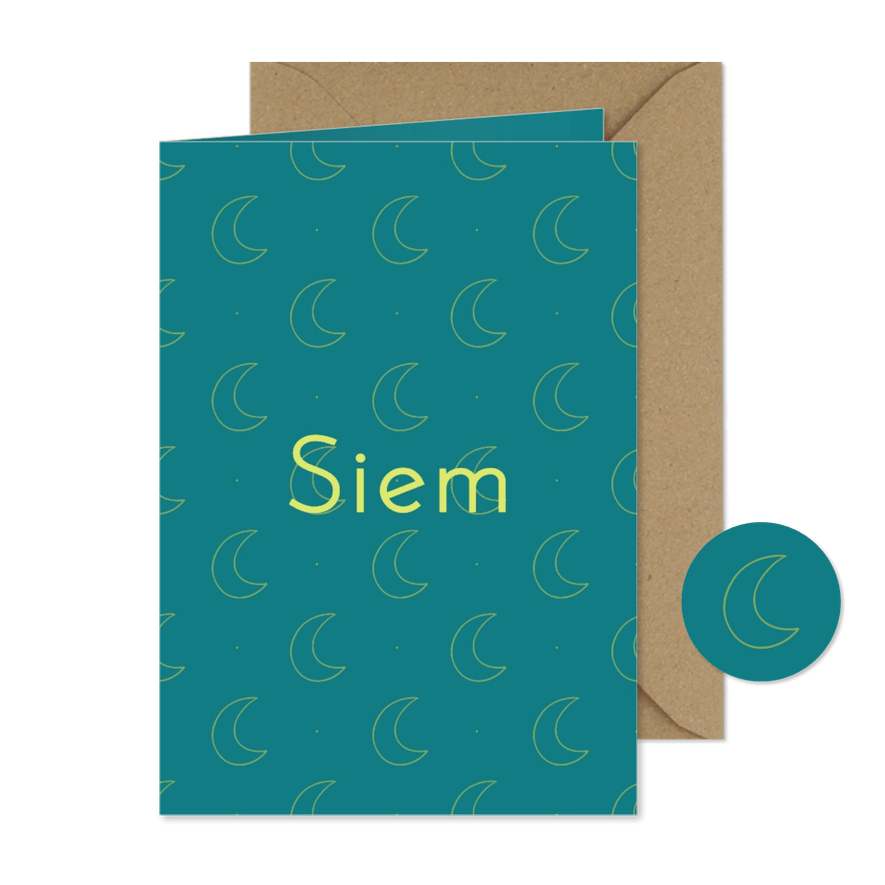 Kleurrijk geboortekaartje met patroon van maantjes - Kaartimpressie