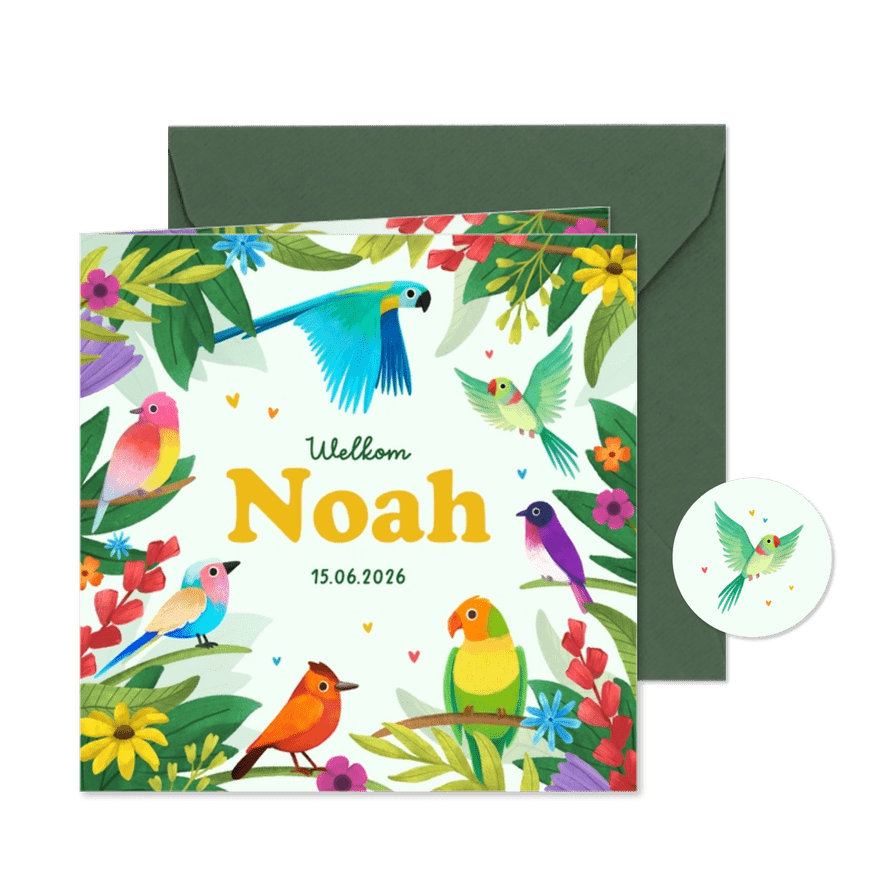 Kleurrijk tropisch geboortekaartje dieren vogels bloemen - Kaartimpressie