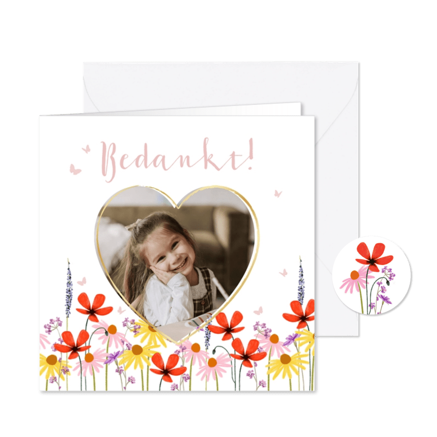 Kleurrijke bedankkaart lentefeest veldbloemen foto hart - Kaartimpressie