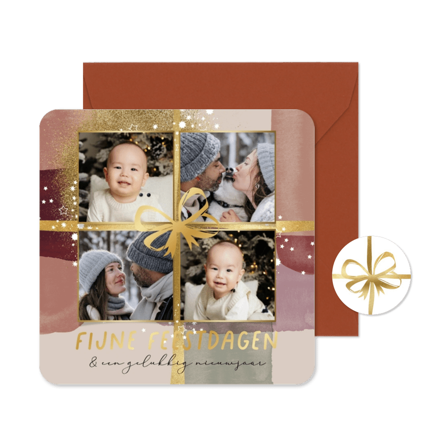 Kleurrijke kerstkaart fotocollage watercolor strik lint goud - Kaartimpressie