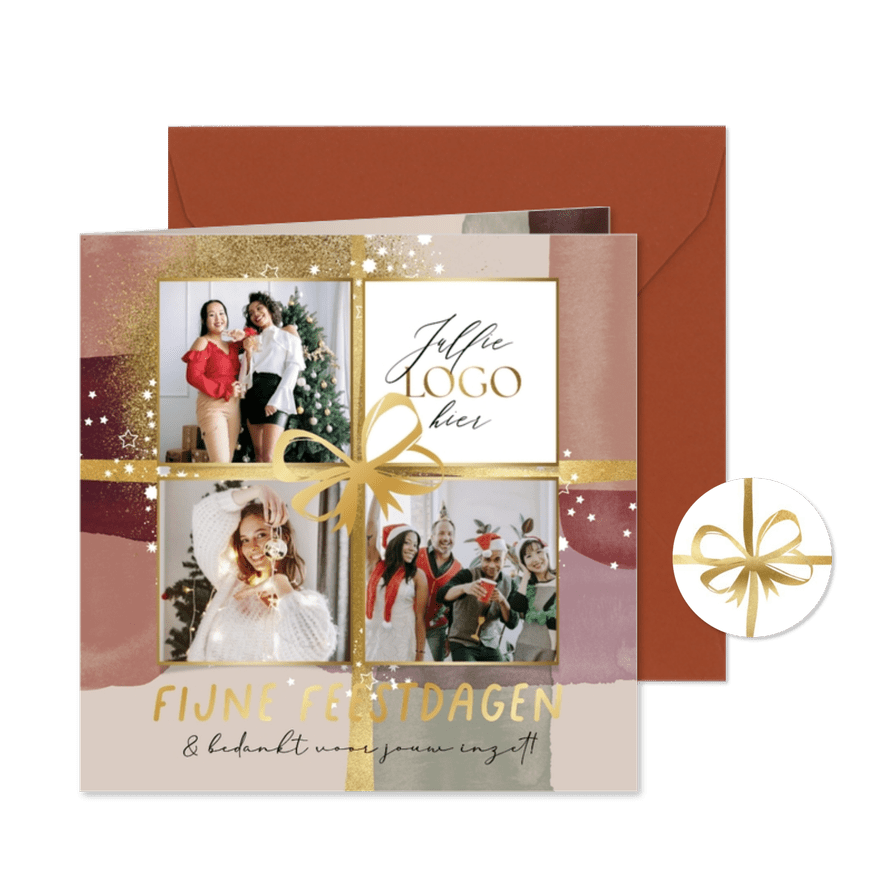 Kleurrijke kerstkaart fotocollage waterverf strik goud - Kaartimpressie