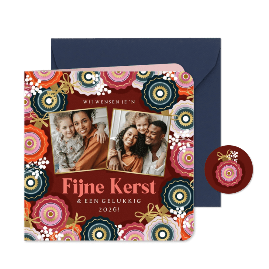 Kleurrijke kerstkaart kerstballen grafisch foto's goud - Kaartimpressie