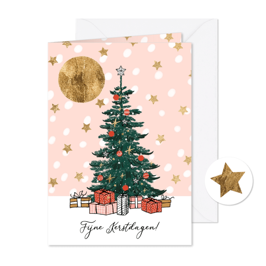 Kleurrijke kerstkaart kerstboom cadeaus goudlook sterren - Kaartimpressie