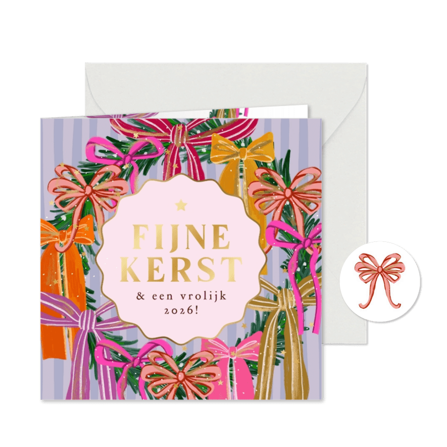 Kleurrijke kerstkaart kerstkrans strikken streep goud ster - Kaartimpressie