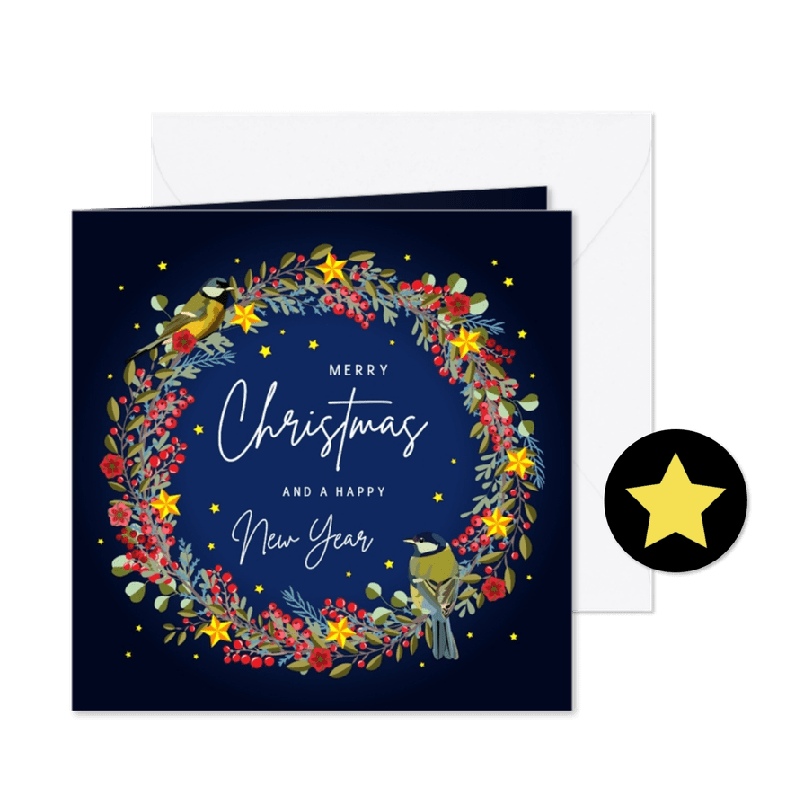 Kleurrijke kerstkaart met bloemenkrans - Kaartimpressie