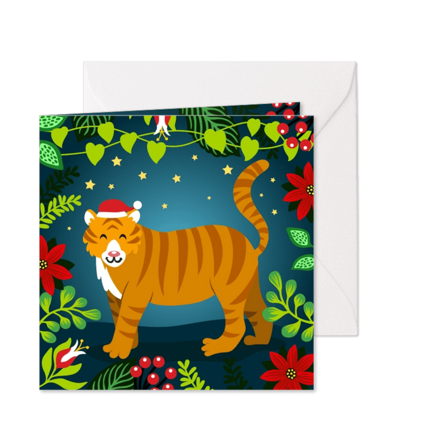 Kleurrijke kerstkaart met tijger in de jungle - Kaartimpressie