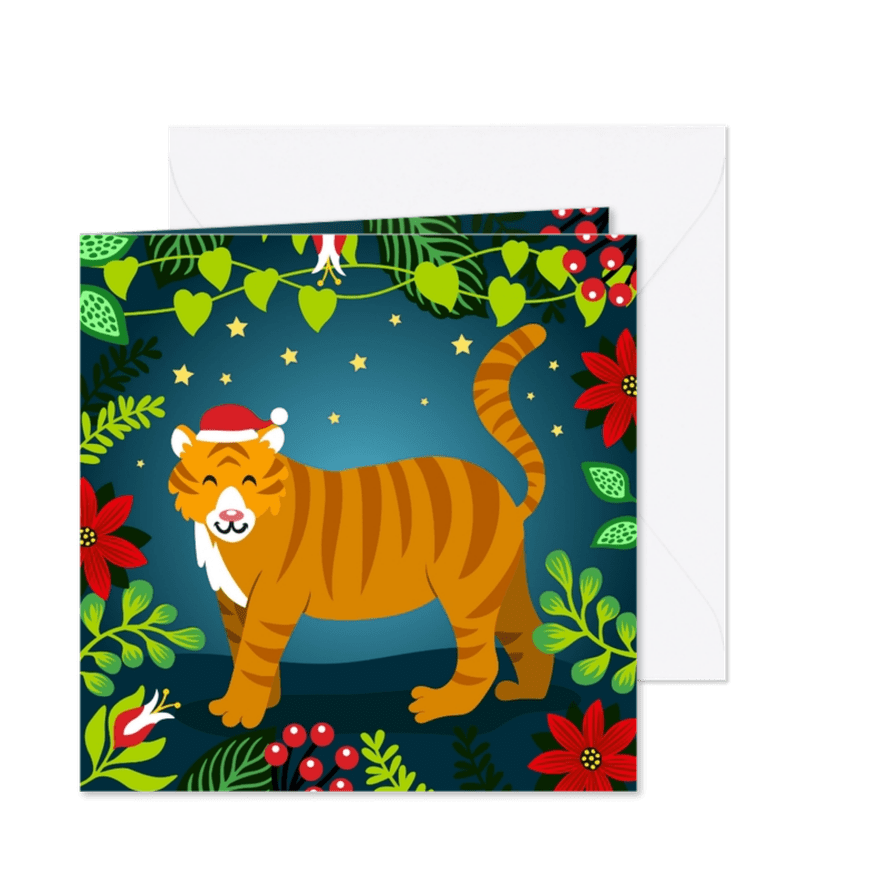 Kleurrijke kerstkaart met tijger in de jungle - Kaartimpressie