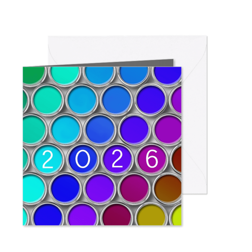 Kleurrijke kerstkaart met verfpotten - Kaartimpressie