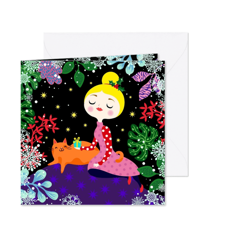 Kleurrijke kerstkaart met vrolijke dame en kat - Kaartimpressie