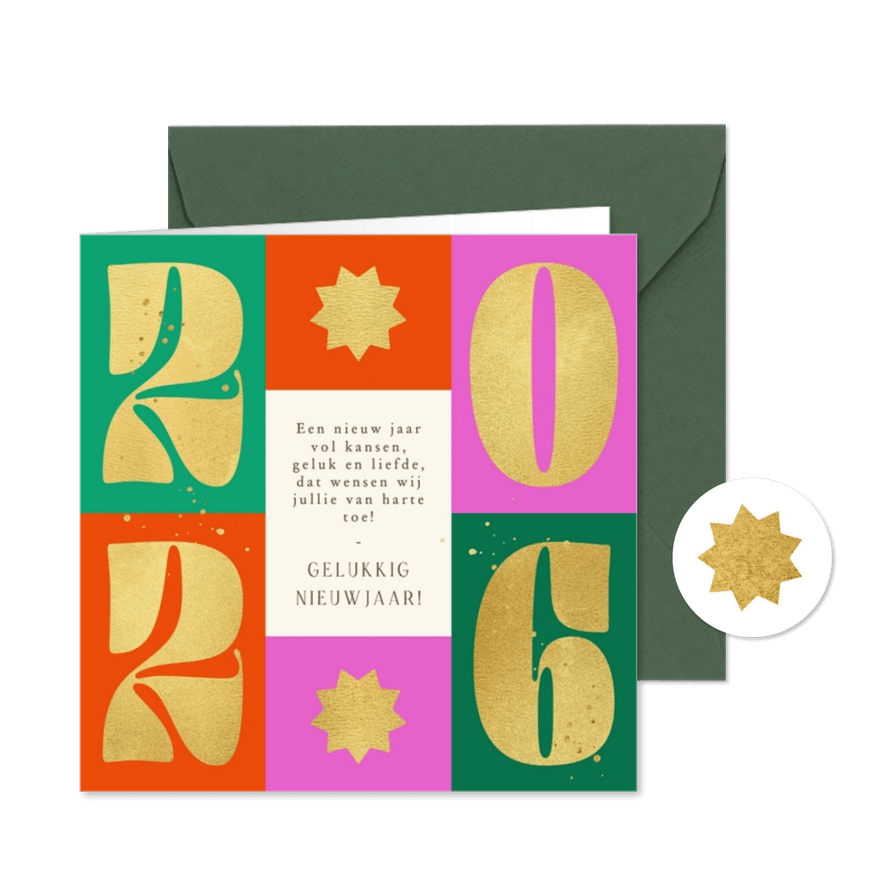 Kleurrijke nieuwjaarskaart grafisch jaartal goud ster - Kaartimpressie