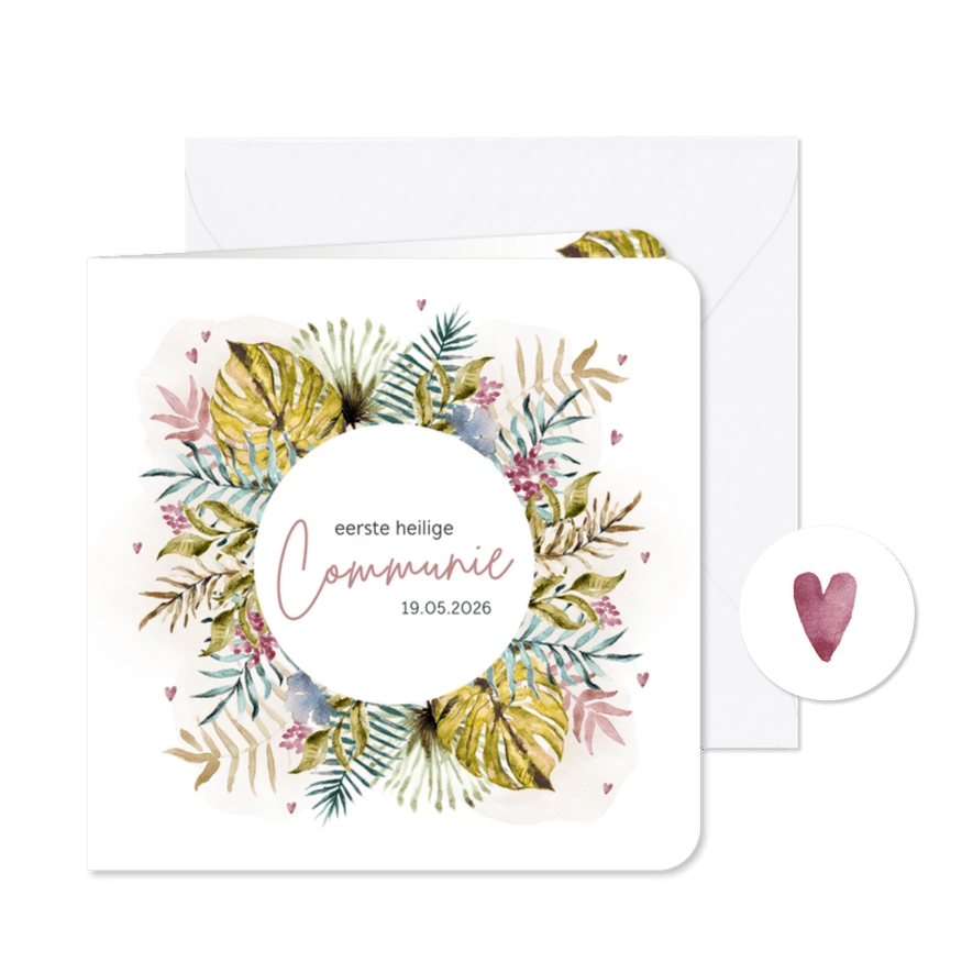 Kleurrijke uitnodiging communie met jungle bladeren - Kaartimpressie