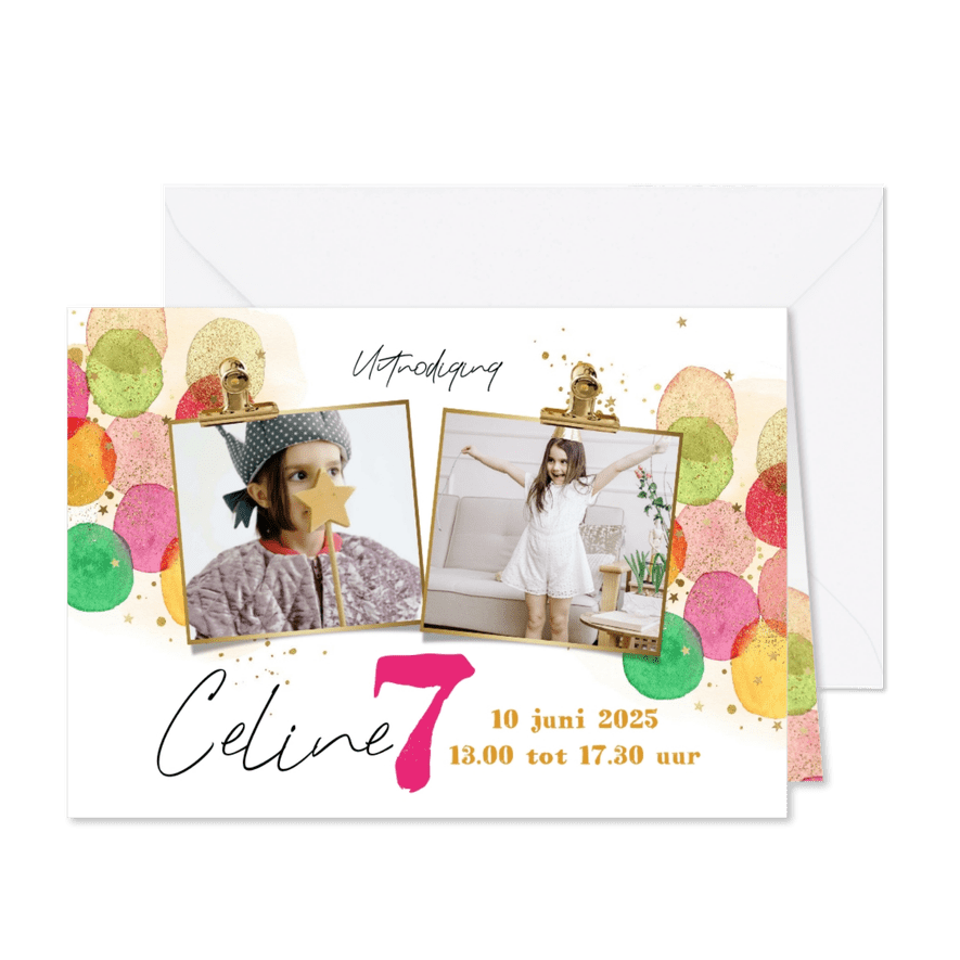 Kleurrijke uitnodiging kinderfeestje watercolor ballonnen  - Kaartimpressie