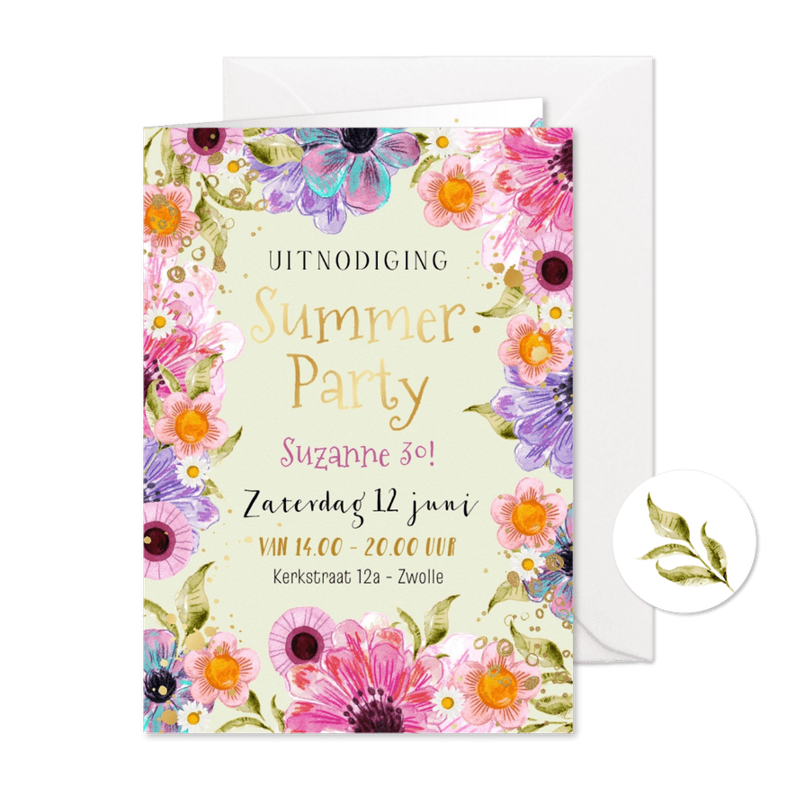 Kleurrijke uitnodiging Summer Party bloemen watercolor goud - Kaartimpressie