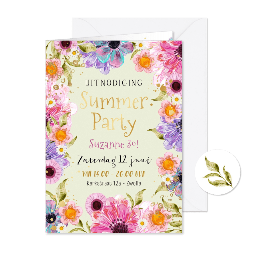 Kleurrijke uitnodiging Summer Party bloemen watercolor goud - Kaartimpressie
