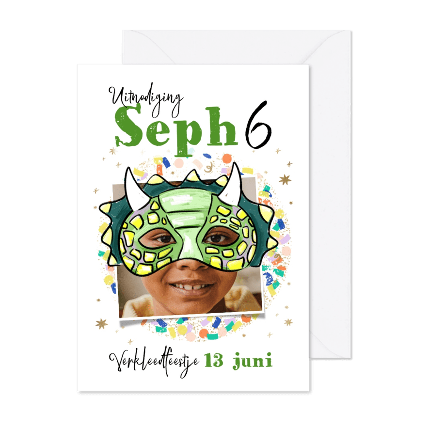 Kleurrijke uitnodiging verkleedfeestje dino masker ballon - Kaartimpressie