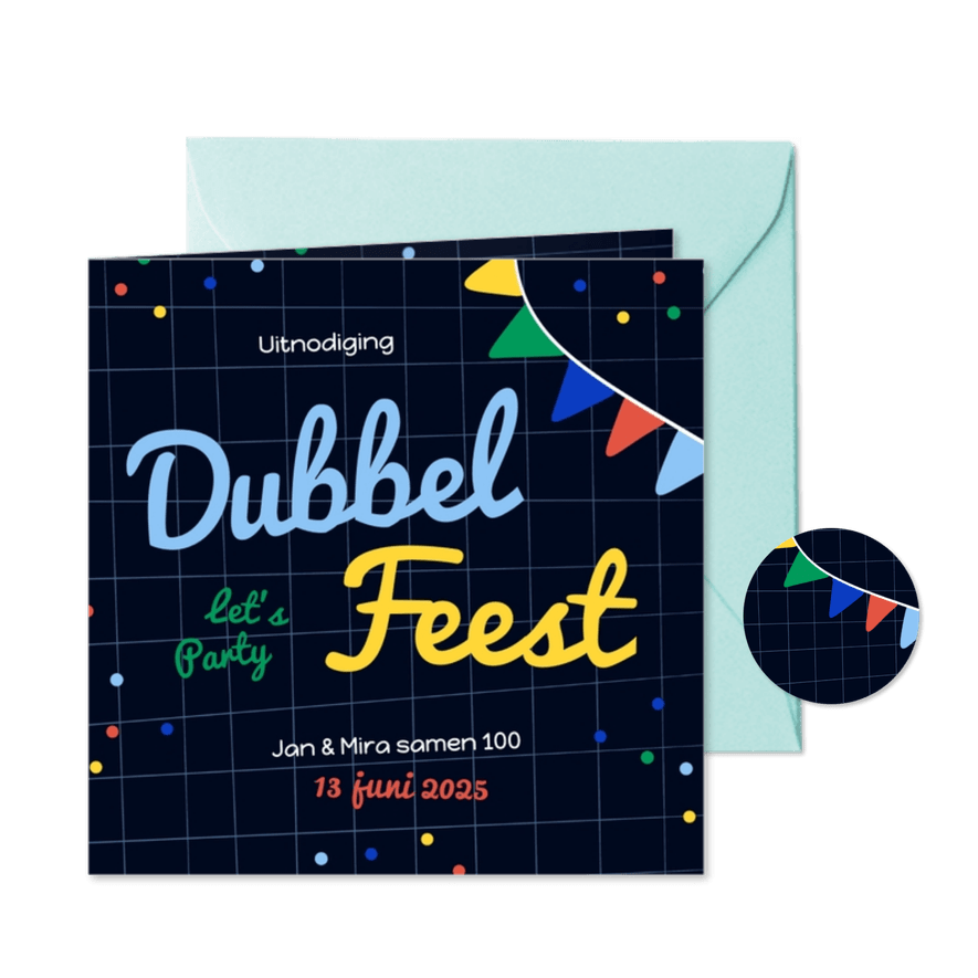 Kleurrijke uitnodigingen dubbel feest met slingers confetti - Kaartimpressie