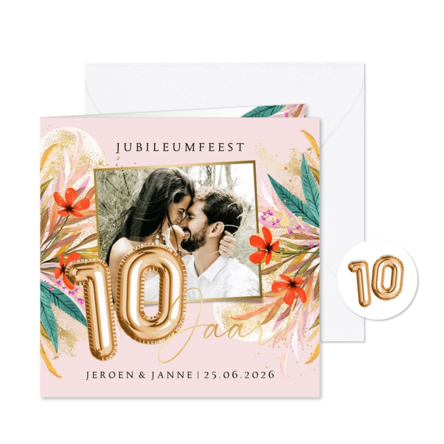 Kleurrijke uitnodigingskaart jubileum 10 jaar botanisch foto - Kaartimpressie
