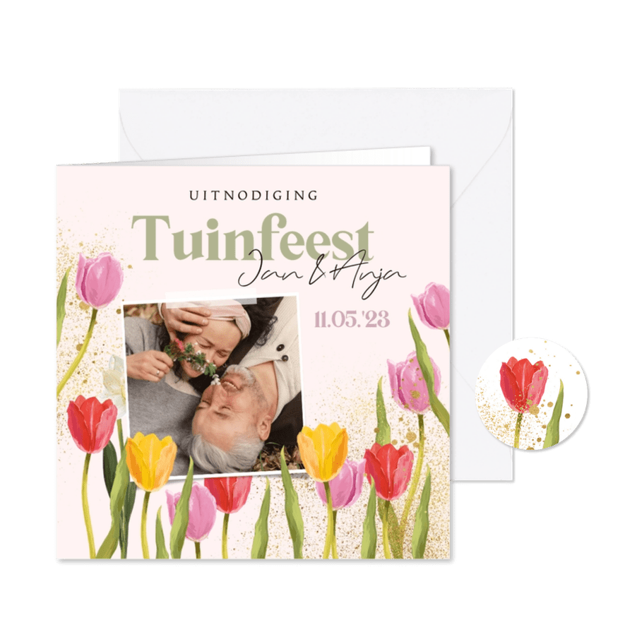 Kleurrijke uitnodigingskaart tuinfeest tulpen foto goud - Kaartimpressie