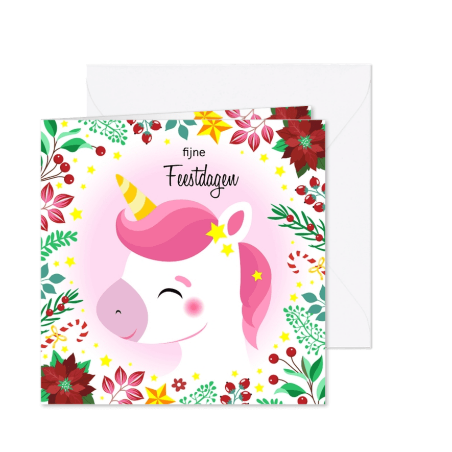 Kleurrijke unicorn kerstkaart met bloemen - Kaartimpressie