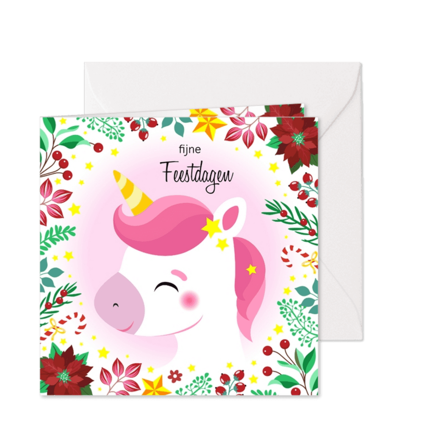 Kleurrijke unicorn kerstkaart met bloemen - Kaartimpressie