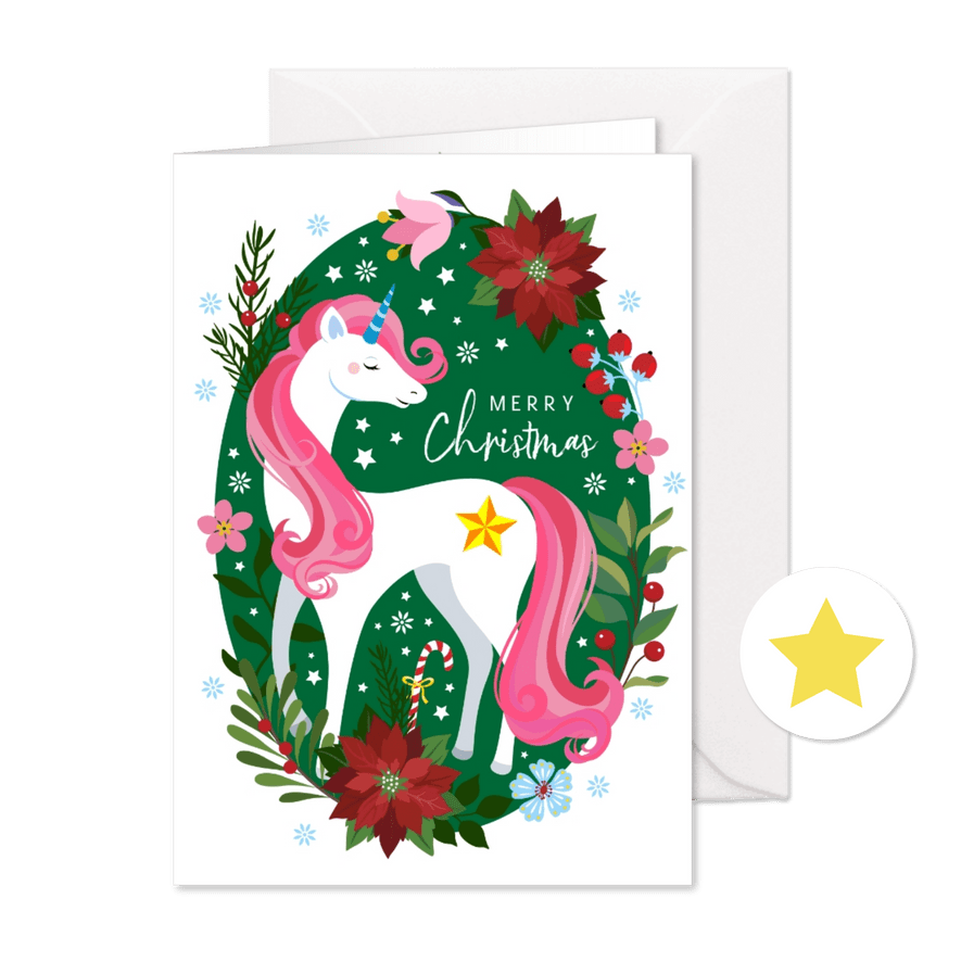 Kleurrijke unicorn kerstkaart - Kaartimpressie