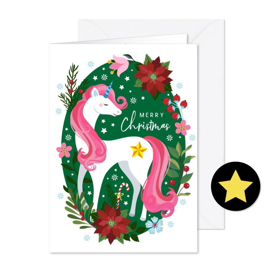 Kleurrijke unicorn kerstkaart - Kaartimpressie