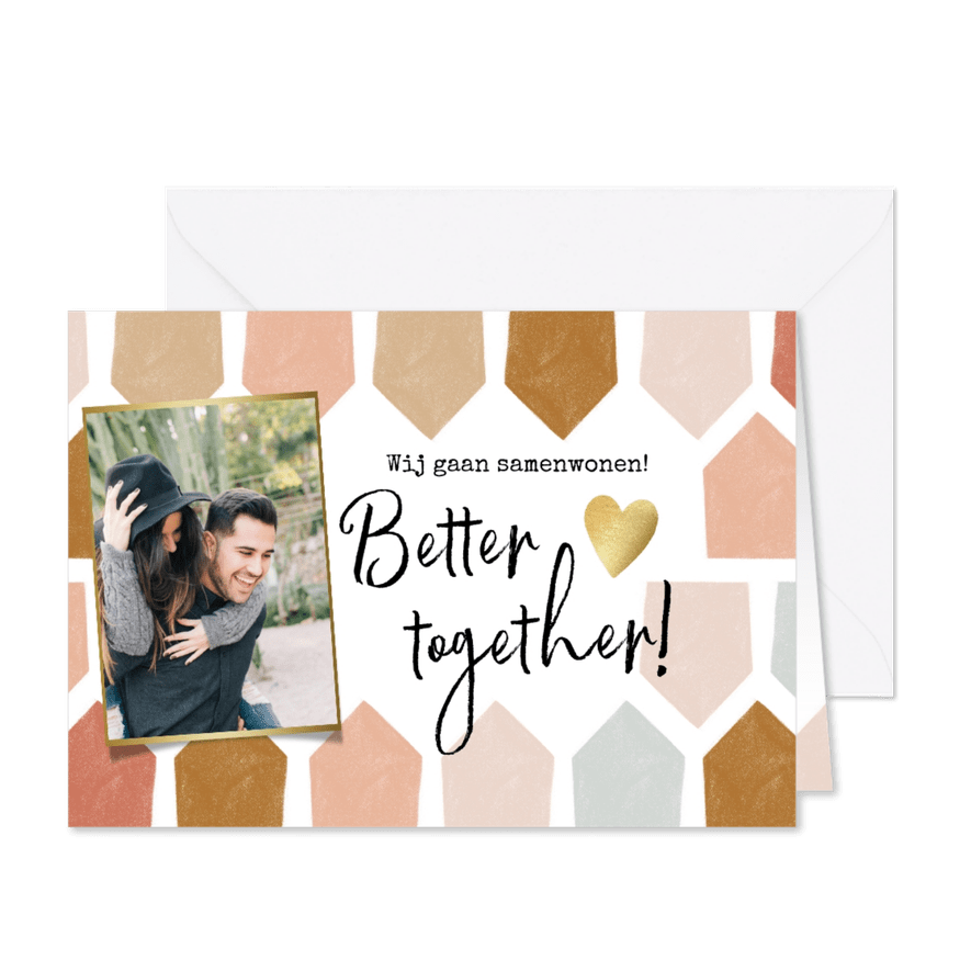 Kleurrijke verhuiskaart samenwonen met huisjes en hart - Kaartimpressie