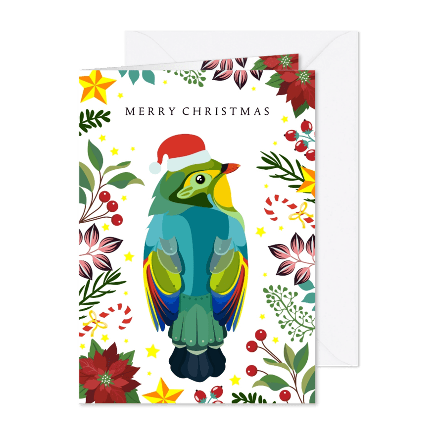 Kleurrijke vogel kerstkaart met bloemen - Kaartimpressie