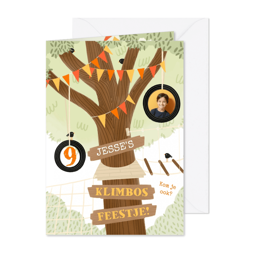 Klimbos kinderfeestje uitnodiging boom survival en foto - Kaartimpressie