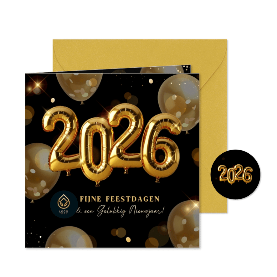 Knallende zakelijke kerstkaart met gouden helium ballonnen - Kaartimpressie