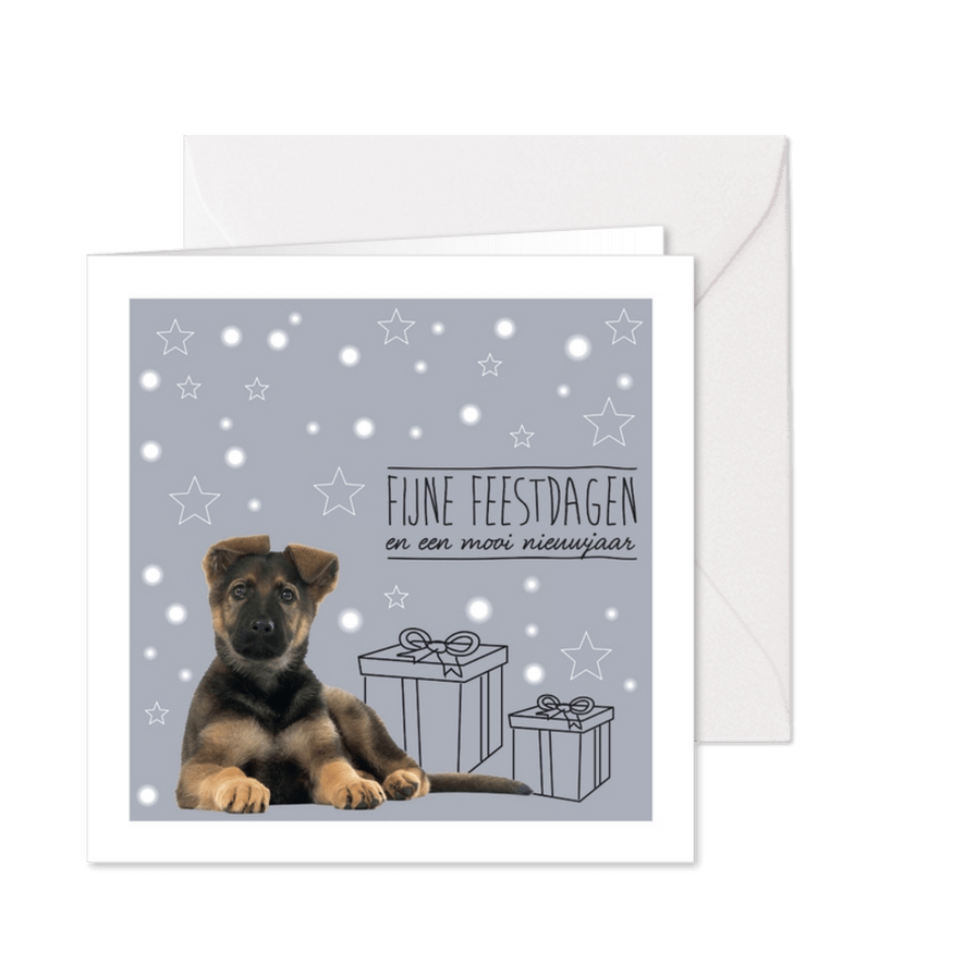 KNGF kerstkaart met hond en cadeautjes - Kaartimpressie