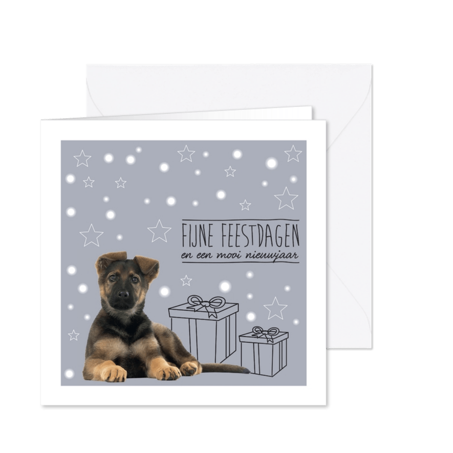 KNGF kerstkaart met hond en cadeautjes - Kaartimpressie