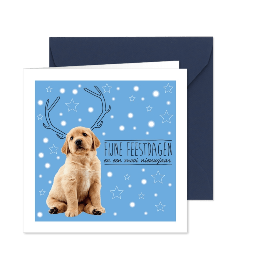 KNGF kerstkaart met puppy en gewei - Kaartimpressie