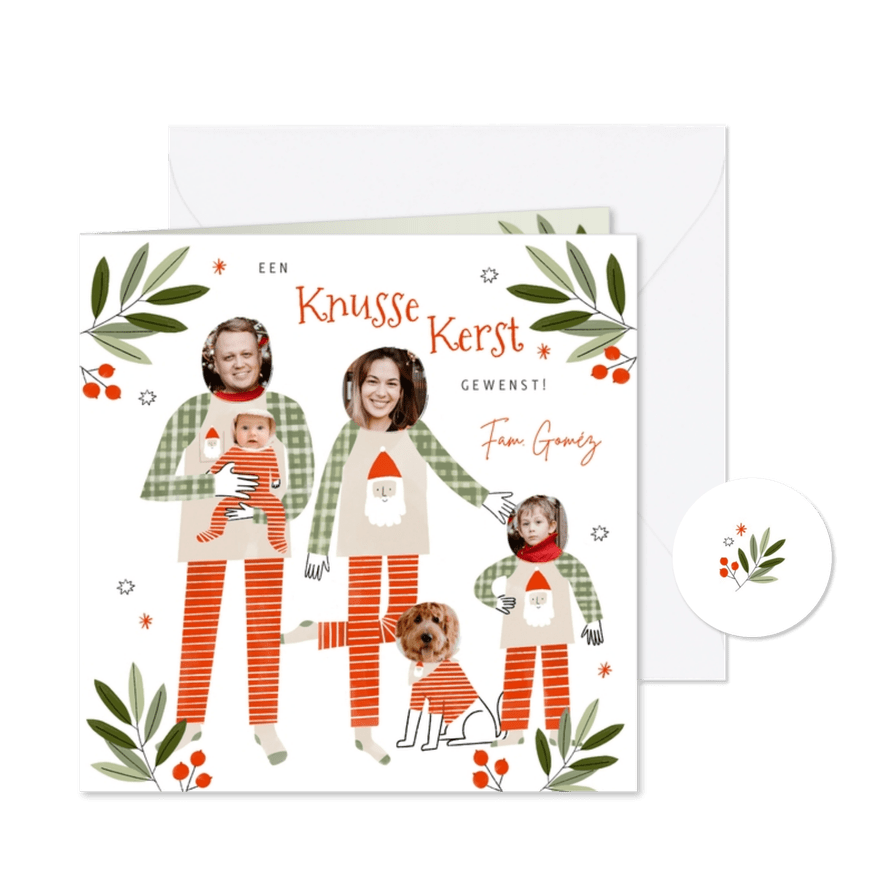 Knusse kerstkaart familie pyjama's met foto's - Kaartimpressie